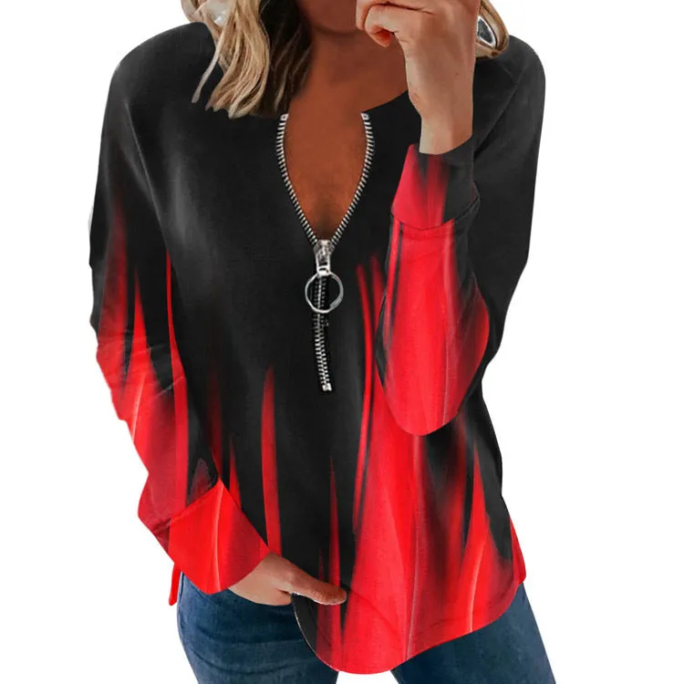 V-neck long-sleeved faded flame loose zipper T-shirt