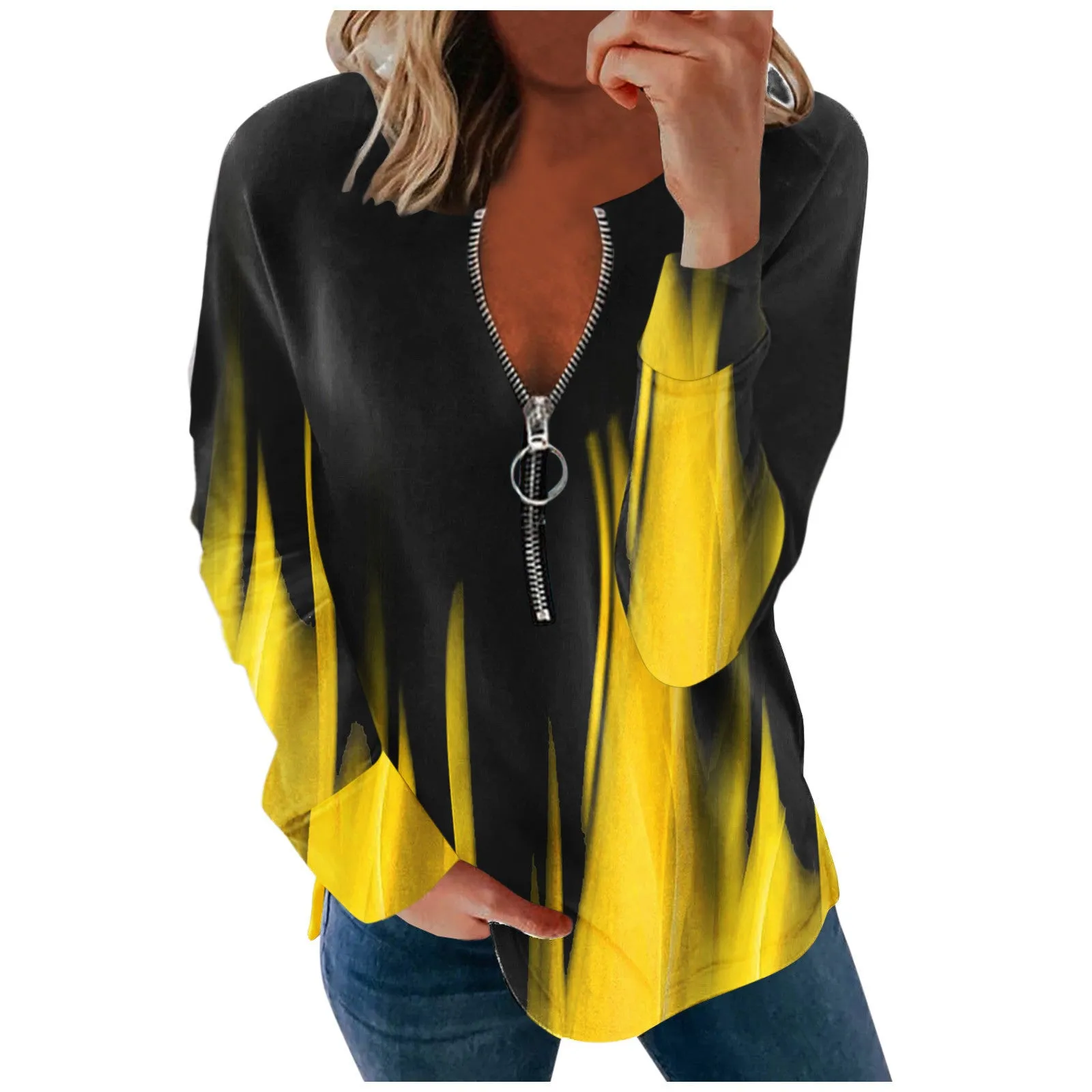 V-neck long-sleeved faded flame loose zipper T-shirt