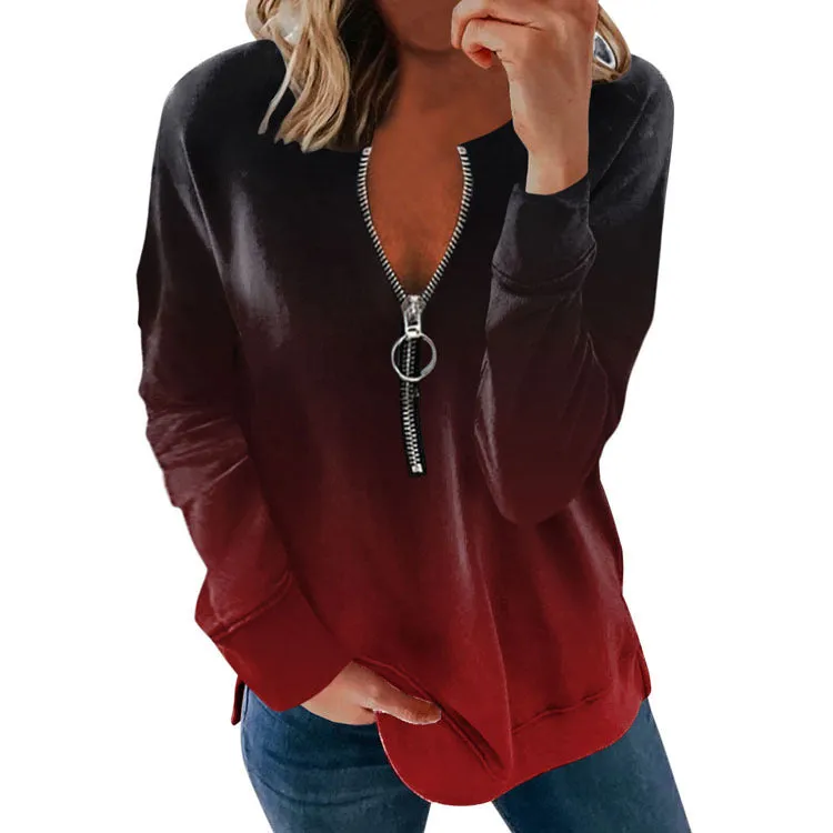 V-neck long-sleeved faded flame loose zipper T-shirt