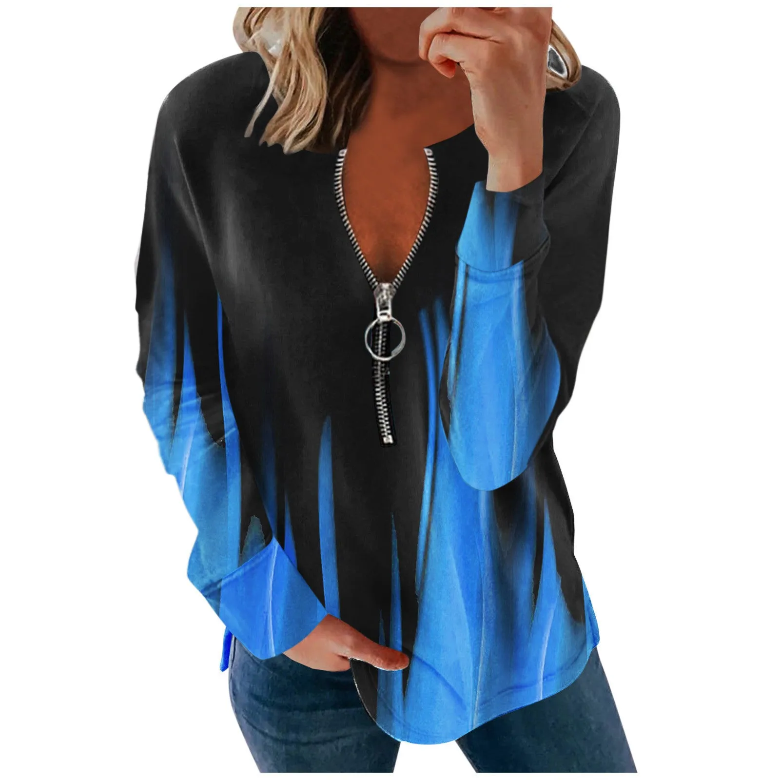 V-neck long-sleeved faded flame loose zipper T-shirt