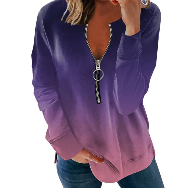 V-neck long-sleeved faded flame loose zipper T-shirt