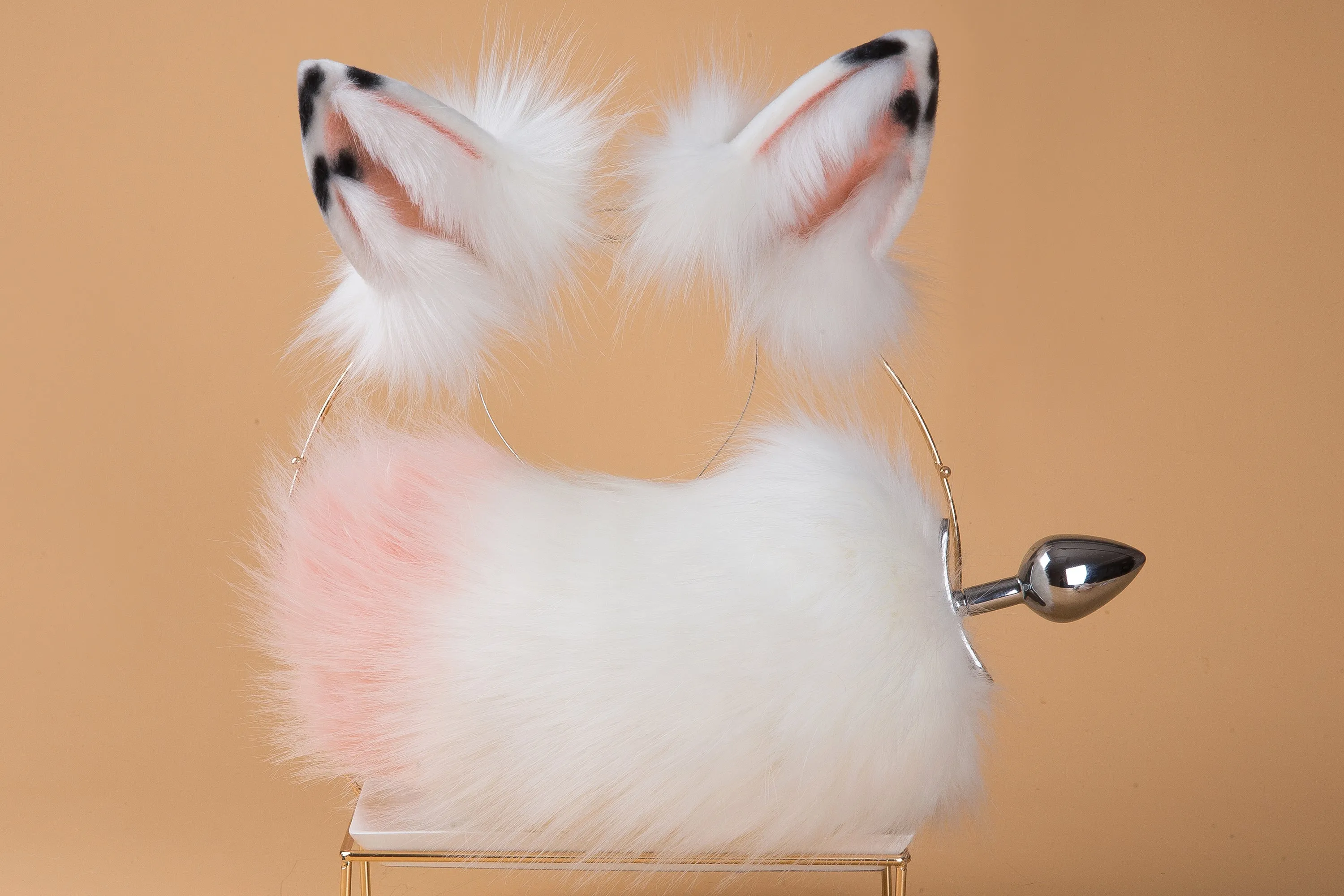 white pink faux fur bunny tail plug and ear set neko cosplay anime cosplay neko ear and tail kitten rabbit tail butt plug and ear set