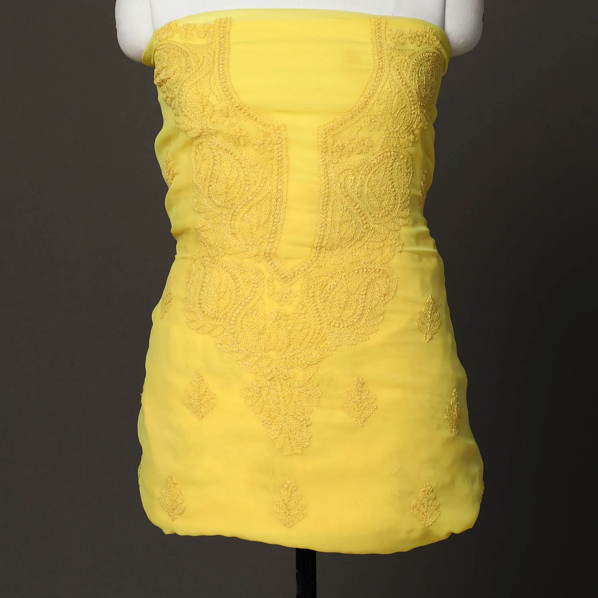 Yellow - 3pc Hand Embroidery Georgette Chikankari Dress Material 23